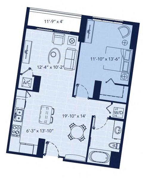 Floor plan for 1 bed, 1 bath, 735 sqft